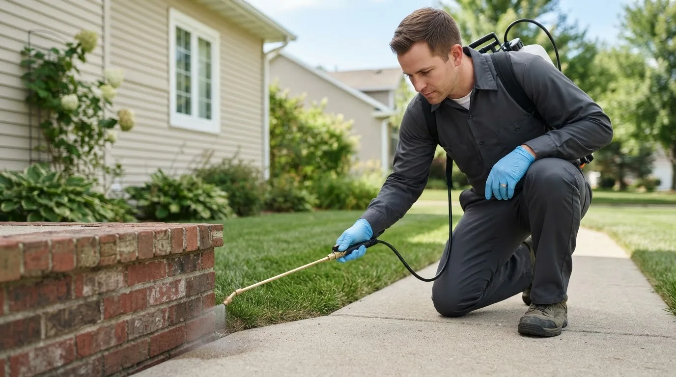 Pest control technician treating a home near East Fairfield, VT